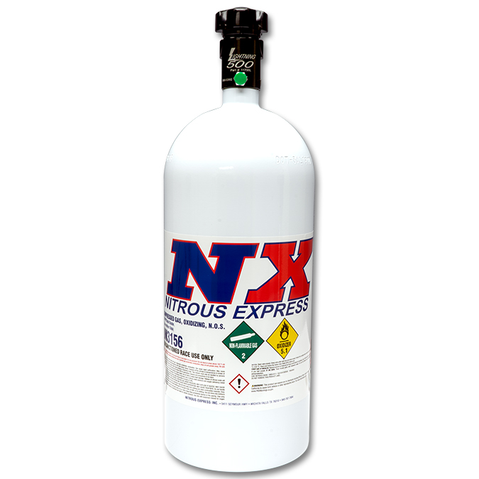 Nitrous Express 10lb white nitrous oxide bottle with Lightning 6AN 500 high-flow valve.