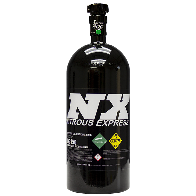 Nitrous Express 10lb black nitrous oxide bottle with -4an Lightning 500 high-flow valve.