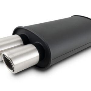 VIBRANT PERFORMANCE 2.5 Inch Flat Black Stainless Muffler, Dual 3 Inch Angle Brushed Tips