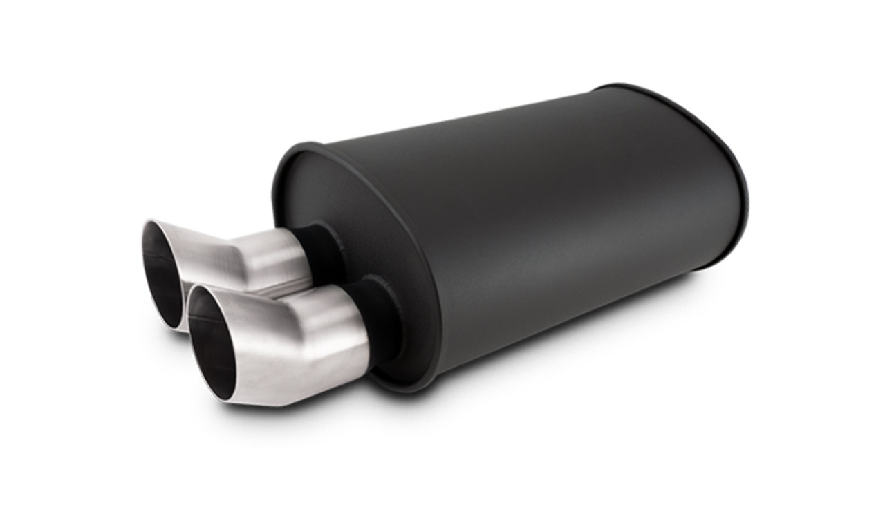 VIBRANT PERFORMANCE 2.5" Flat Black Stainless Muffler, Dual 3" Offset DTM Brushed Tips