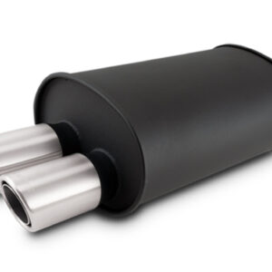 VIBRANT PERFORMANCE 2.5" Flat Black Stainless Muffler, Dual 3" Offset Angle Brushed Tips