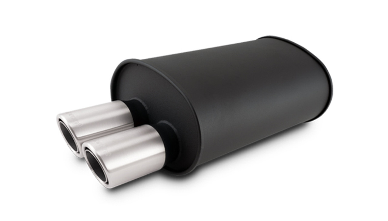 VIBRANT PERFORMANCE 2.5" Flat Black Stainless Muffler, Dual 3" Offset Angle Brushed Tips