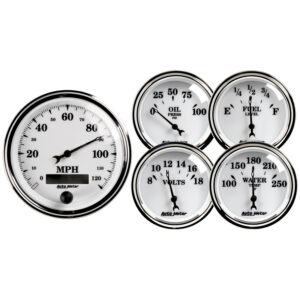 AUTOMETER 5pc Gauge Kit 3 3/8" & 2 1/16", Elec. Speedometer, Old Tyme White II