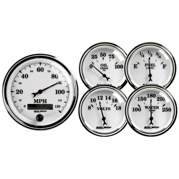 AUTOMETER 5pc Gauge Kit 3 3/8" & 2 1/16", Elec. Speedometer, Old Tyme White II