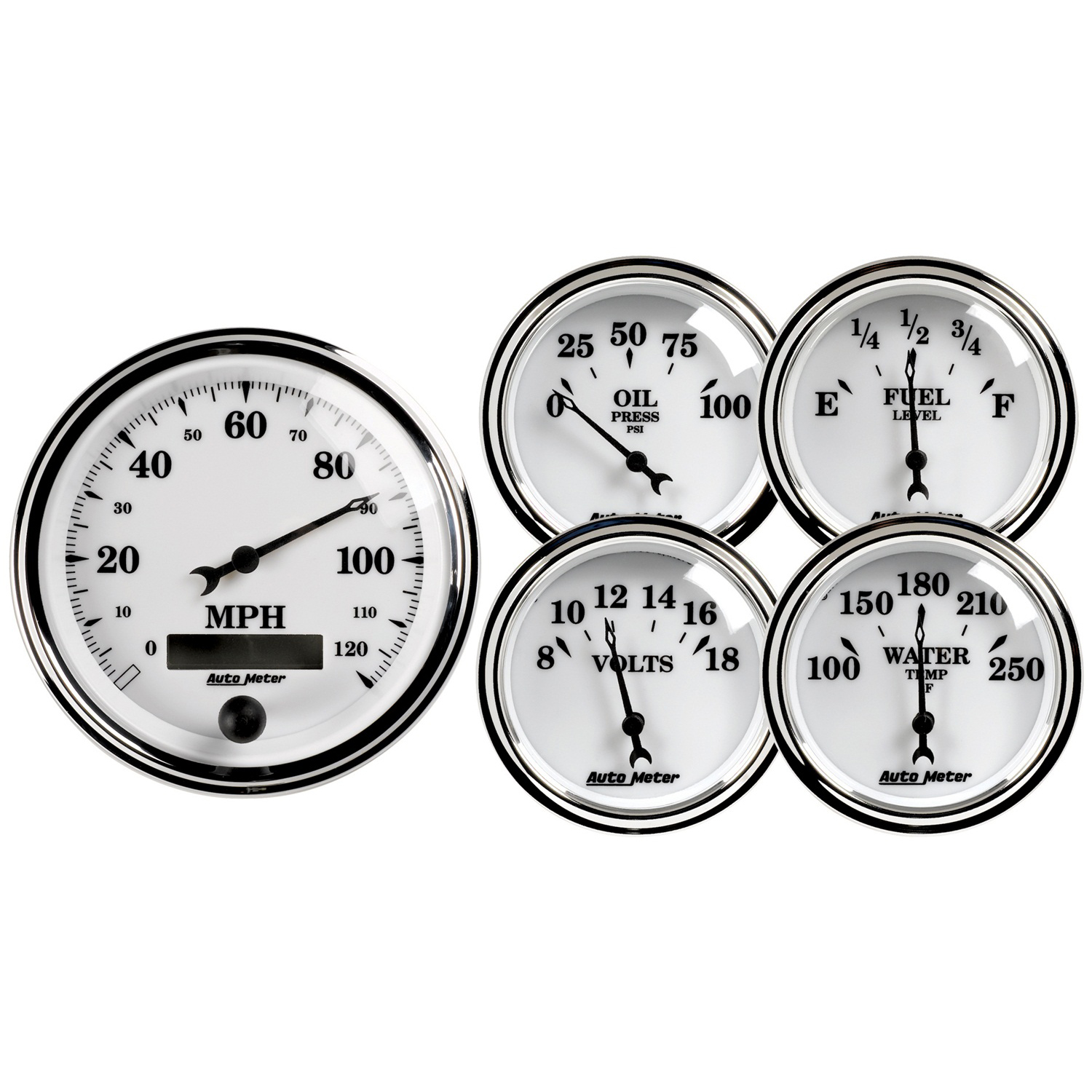 AUTOMETER 5pc Gauge Kit 3 3/8" & 2 1/16", Elec. Speedometer, Old Tyme White II