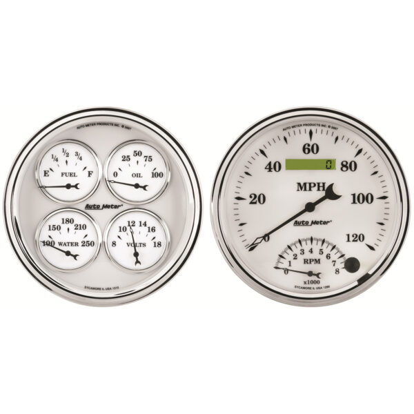 AUTOMETER 2pc Gauge Kit Quad & Tach/Speedo, 5", Old Tyme White II