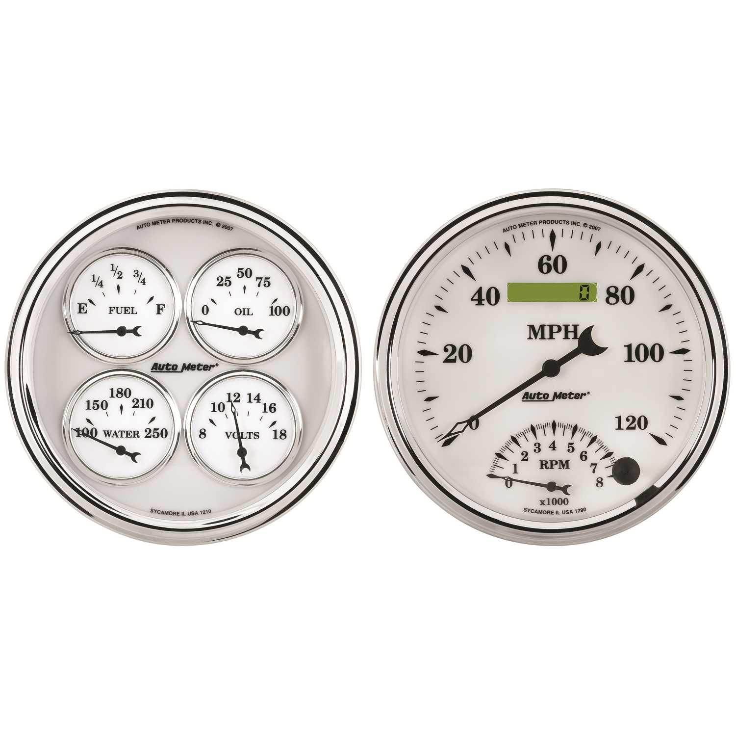 AUTOMETER 2pc Gauge Kit Quad & Tach/Speedo, 5", Old Tyme White II