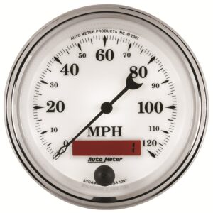 AUTOMETER Speedometer Gauge 3 3/8", 120MPH, Elec. Prog. W/ LCD Odo, Old Tyme White II