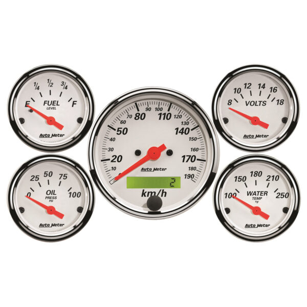 AUTOMETER 5pc Gauge Kit 3 1/8" & 2 1/16", Elec. KM/H Speedo., Arctic White