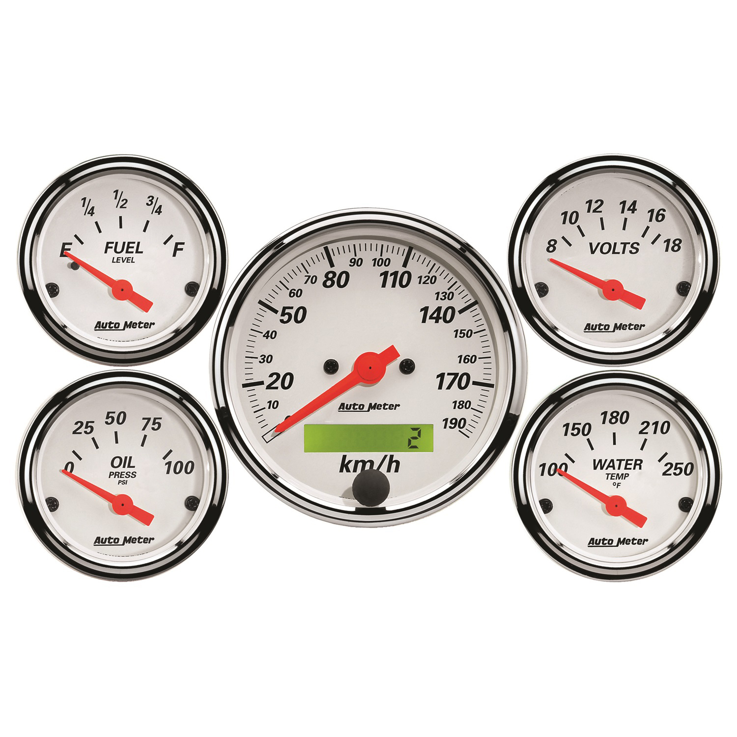 AUTOMETER 5pc Gauge Kit 3 1/8" & 2 1/16", Elec. KM/H Speedo., Arctic White