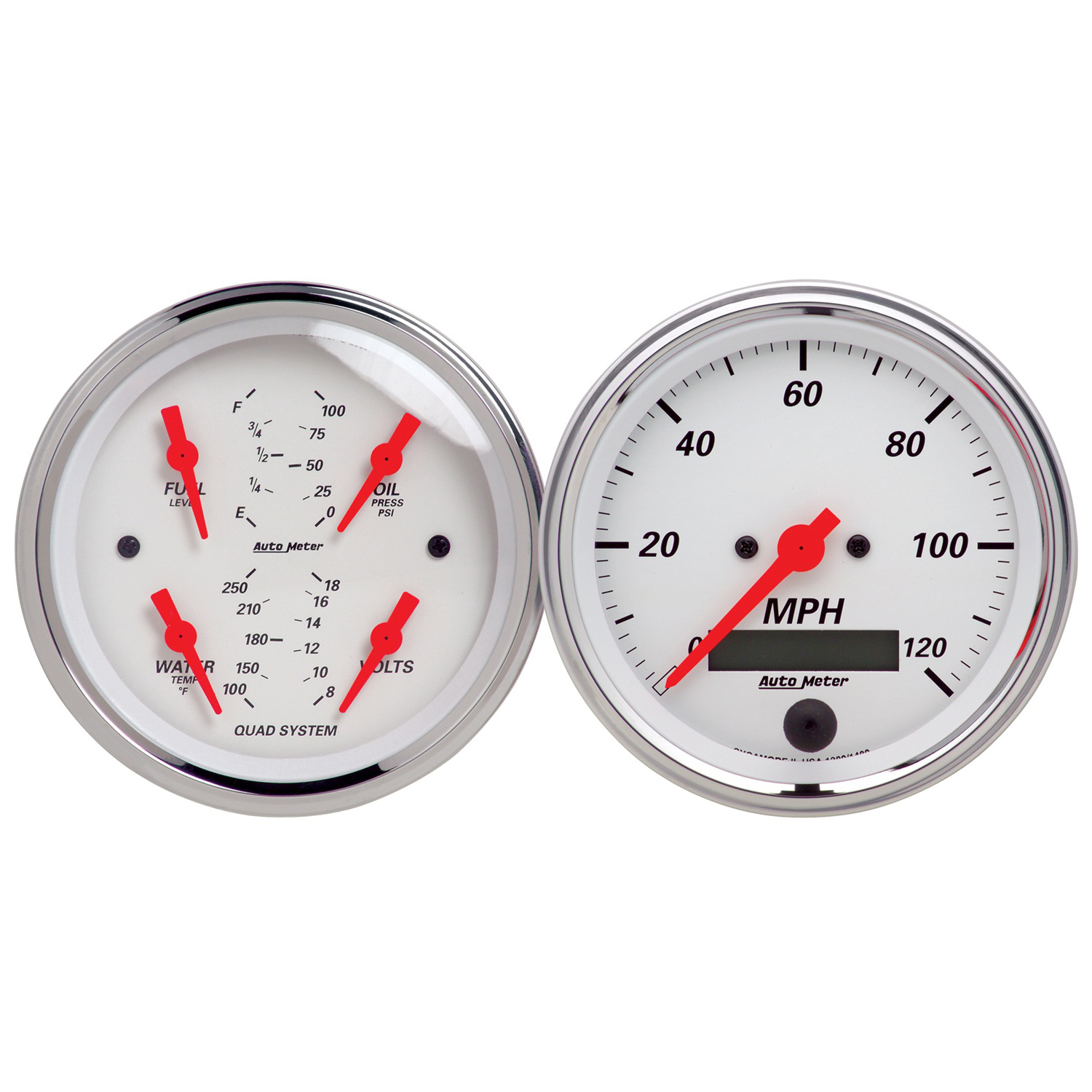 AUTOMETER 2pc Gauge Kit Quad & Speedometer, 3 3/8", Arctic White
