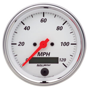 AUTOMETER Speedometer Gauge 3 3/8", 120MPH, Elec. Prog. W/ LCD Odo, Arctic White