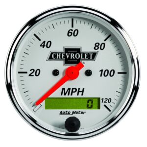 AUTOMETER Speedometer Gauge 3 1/8", 120MPH, Elec Prog W/ LCD Odo, Chevrolet Heritage Bowtie