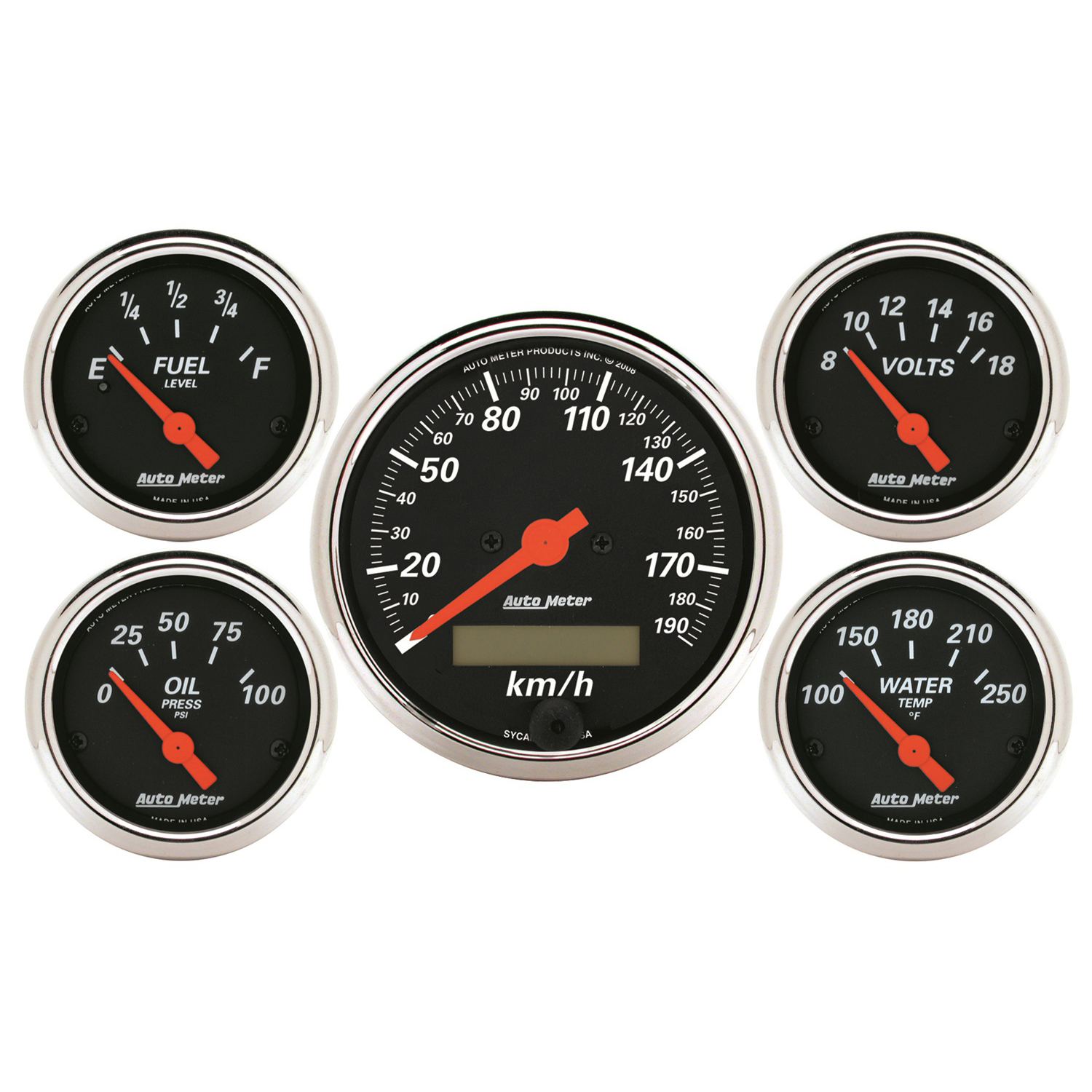 AUTOMETER 5pc Gauge Kit 3 1/8" & 2 1/16", Elec. KM/H Speedometer, Designer Black