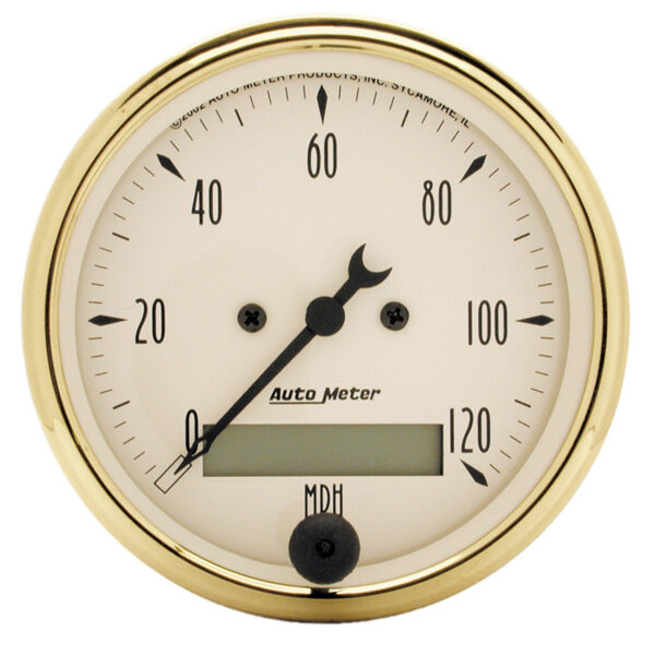 AUTOMETER Speedometer Gauge 3 1/8", 120MPH, Elec. Prog. W/ LCD Odo, Golden Oldies
