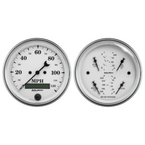 AUTOMETER 2pc Gauge Kit Quad & Speedometer, 3 3/8", Old Tyme White