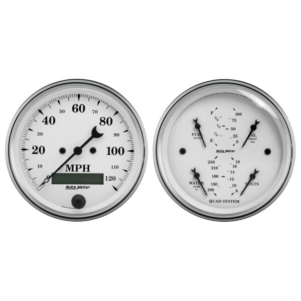 AUTOMETER 2pc Gauge Kit Quad & Speedometer, 3 3/8", Old Tyme White