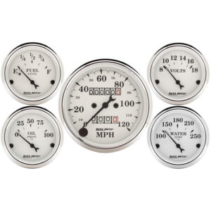 AUTOMETER 5pc Gauge Kit 3 1/8" & 2 1/16", Mech. Speedometer, Old Tyme White