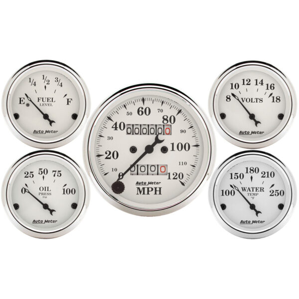 AUTOMETER 5pc Gauge Kit 3 1/8" & 2 1/16", Mech. Speedometer, Old Tyme White