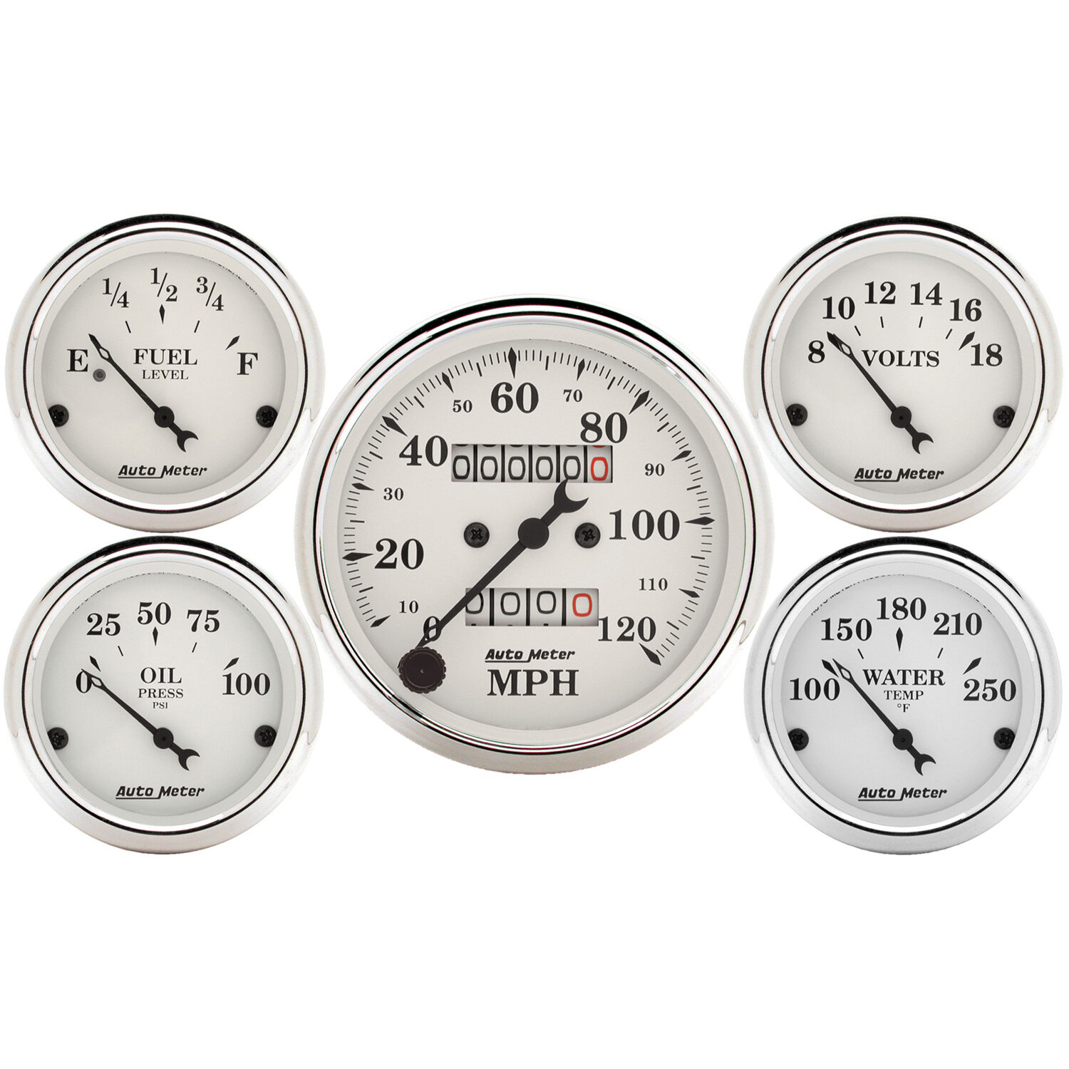 AUTOMETER 5pc Gauge Kit 3 1/8" & 2 1/16", Mech. Speedometer, Old Tyme White