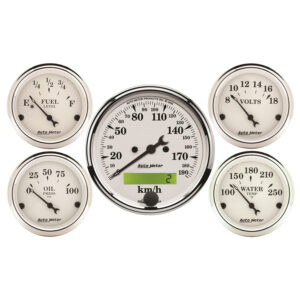 AUTOMETER 5pc Gauge Kit 3 1/8" & 2 1/16", Elec. KM/H Speedometer, Old Tyme White