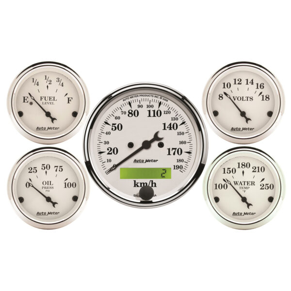 AUTOMETER 5pc Gauge Kit 3 1/8" & 2 1/16", Elec. KM/H Speedometer, Old Tyme White
