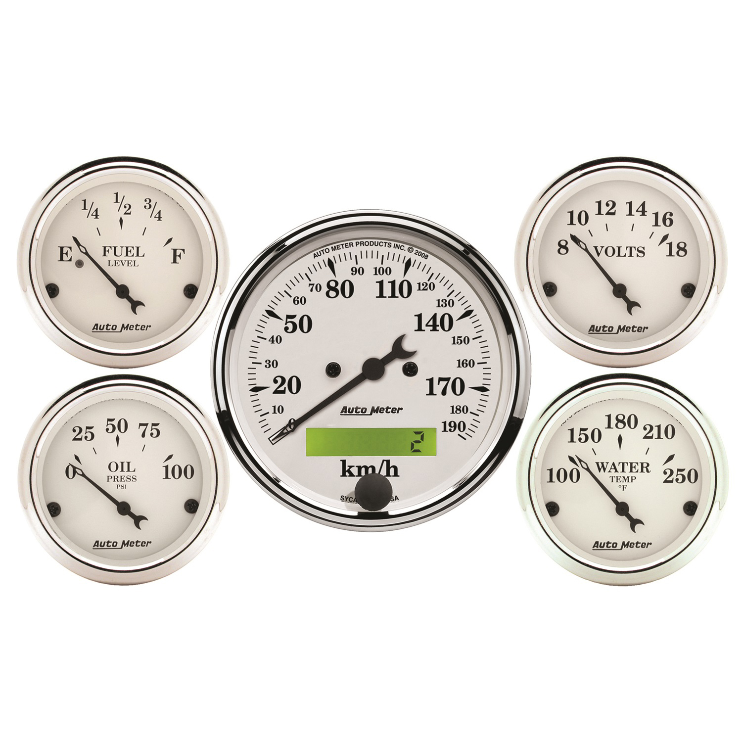 AUTOMETER 5pc Gauge Kit 3 1/8" & 2 1/16", Elec. KM/H Speedometer, Old Tyme White