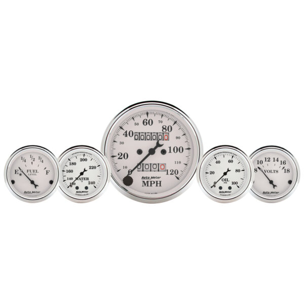 AUTOMETER 5pc Gauge Kit 3 1/8" & 2 1/16", Mech. Speedo., Wtmp & Oilp, Old Tyme White