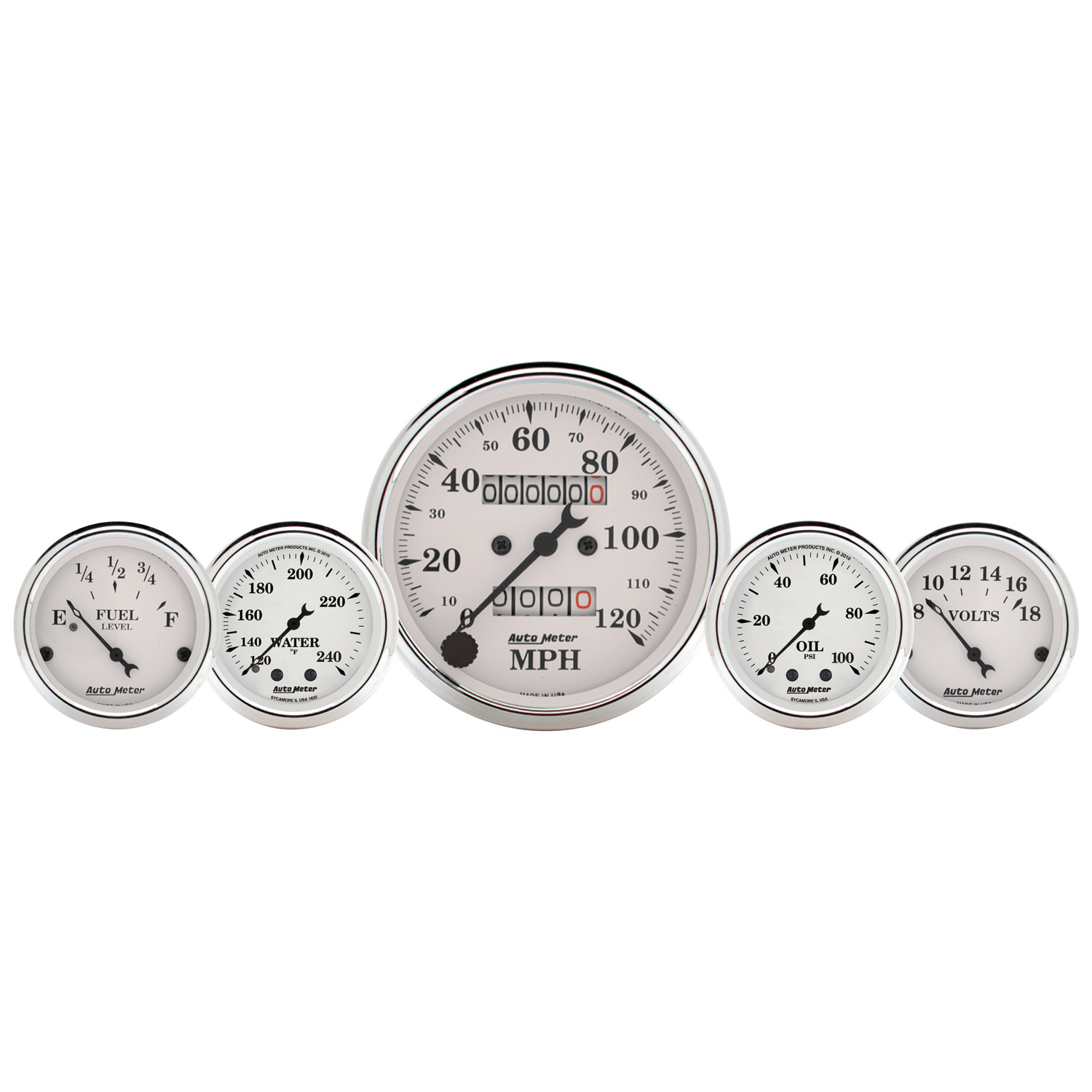 AUTOMETER 5pc Gauge Kit 3 1/8" & 2 1/16", Mech. Speedo., Wtmp & Oilp, Old Tyme White