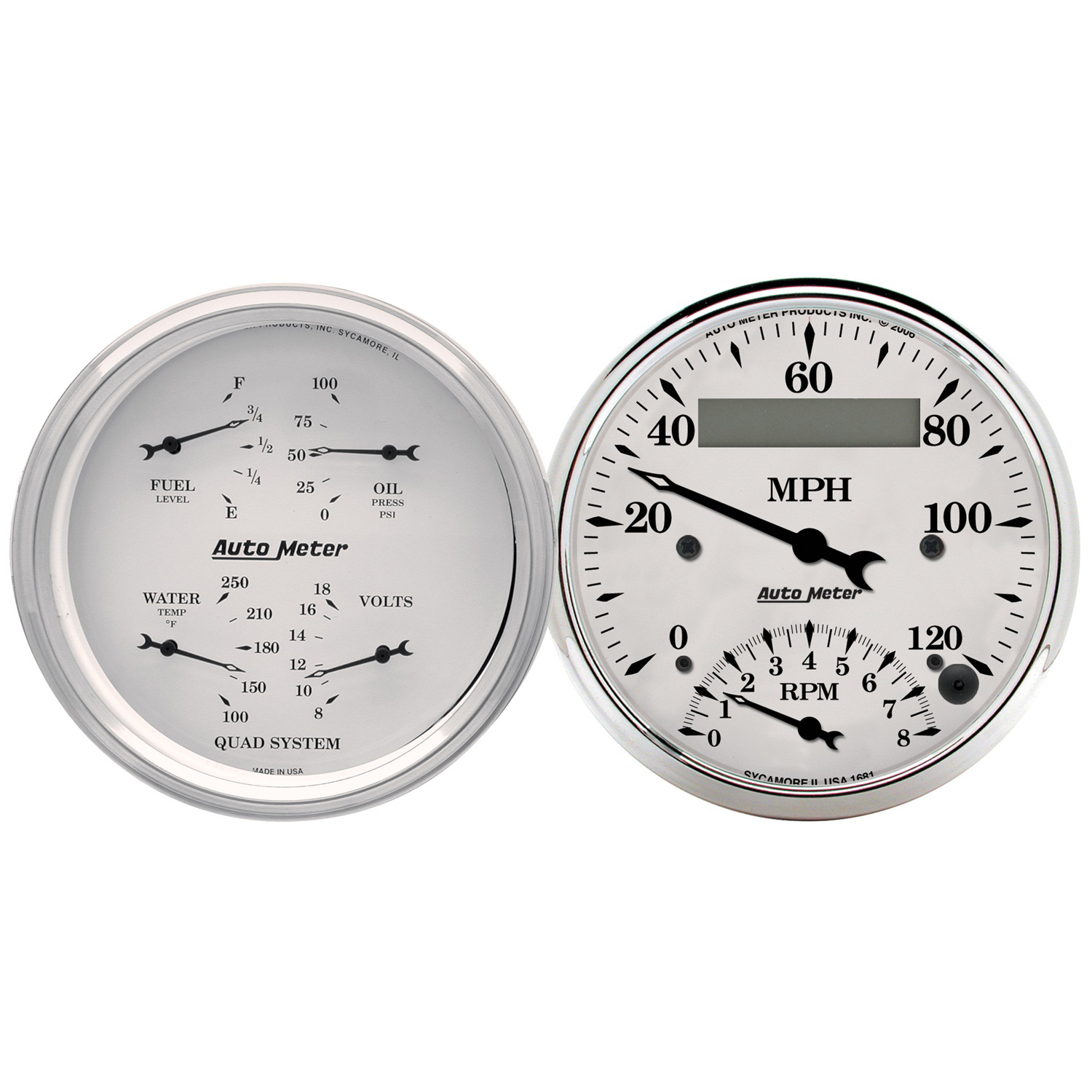 AUTOMETER 2pc Gauge Kit Quad & Tach/Speedo, 3 3/8", Old Tyme White