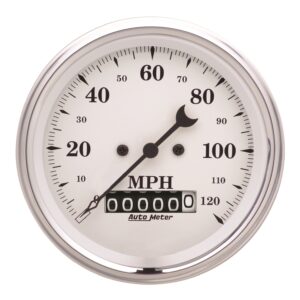 AUTOMETER Gauge, Speedo., 3 3/8", 120MPH, Elec. Prog. W/ Wheel Odo, Old Tyme White