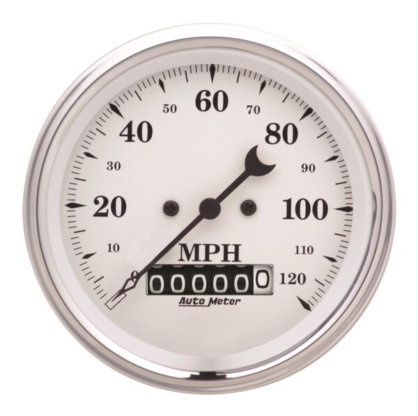 AUTOMETER Gauge, Speedo., 3 3/8", 120MPH, Elec. Prog. W/ Wheel Odo, Old Tyme White