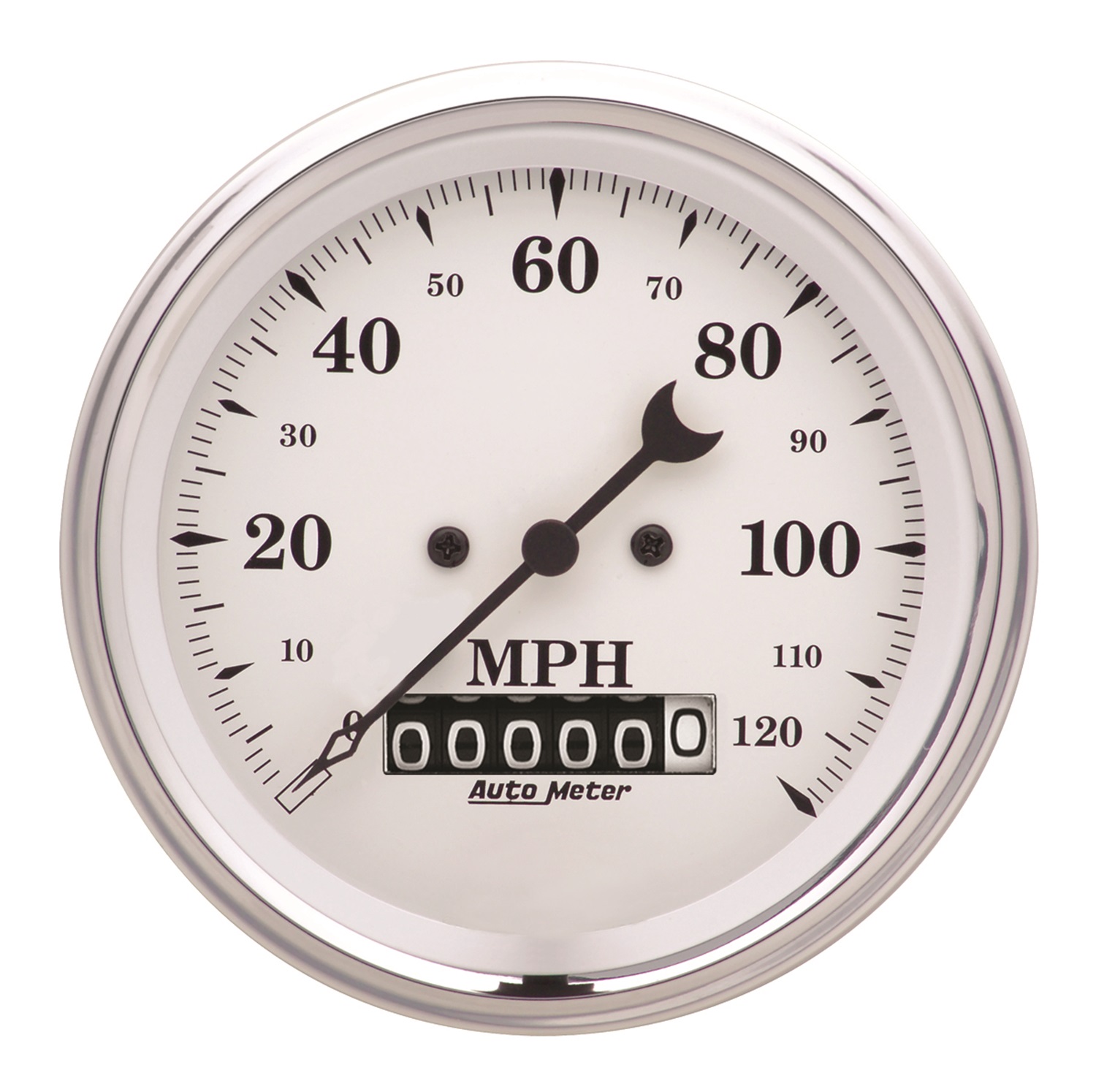 AUTOMETER Gauge, Speedo., 3 3/8", 120MPH, Elec. Prog. W/ Wheel Odo, Old Tyme White
