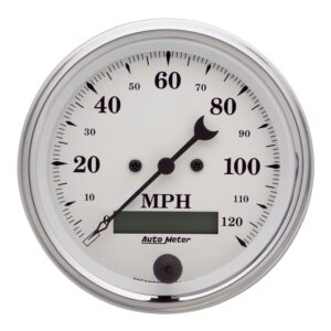 AUTOMETER Gauge, Speedo., 3 3/8", 120MPH, Elec. Prog. W/ LCD Odo, Old Tyme White
