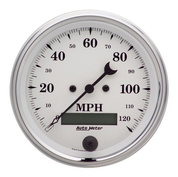 AUTOMETER Gauge, Speedo., 3 3/8", 120MPH, Elec. Prog. W/ LCD Odo, Old Tyme White