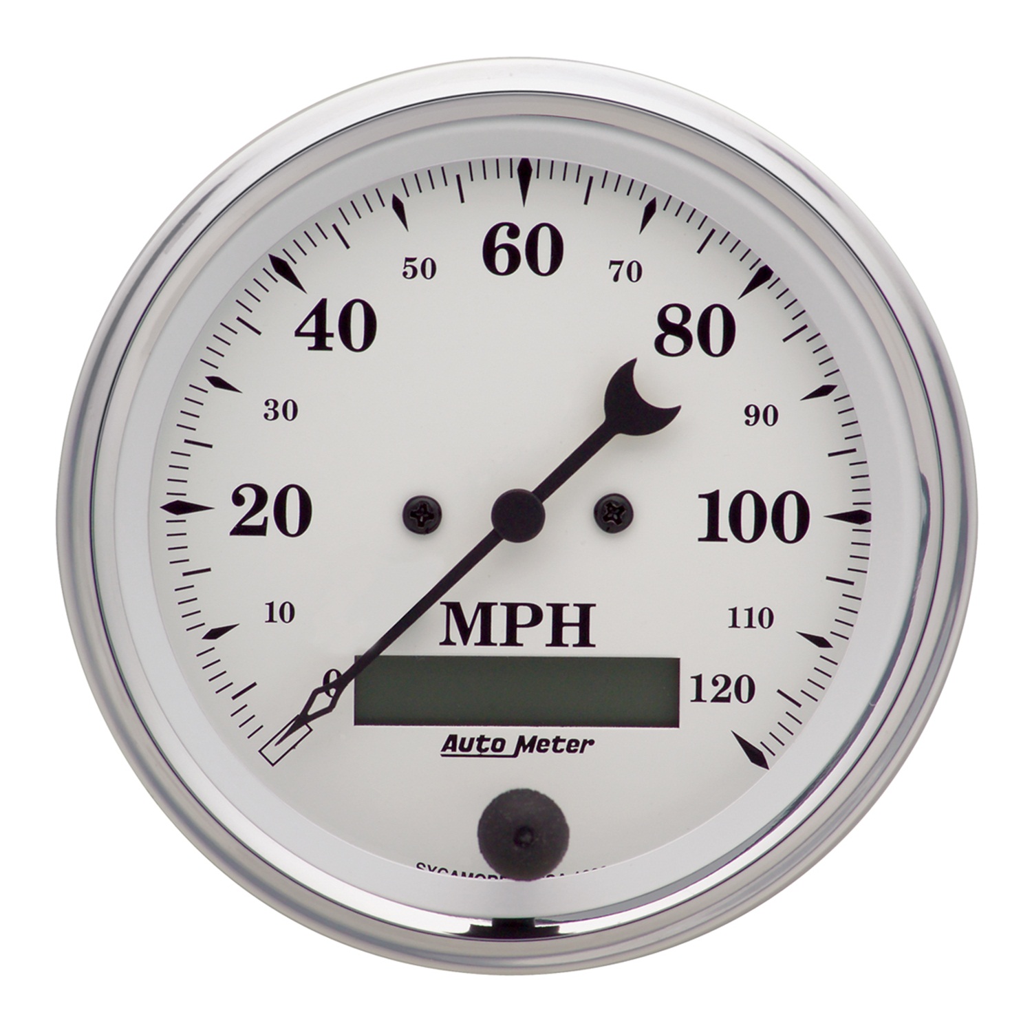 AUTOMETER Gauge, Speedo., 3 3/8", 120MPH, Elec. Prog. W/ LCD Odo, Old Tyme White