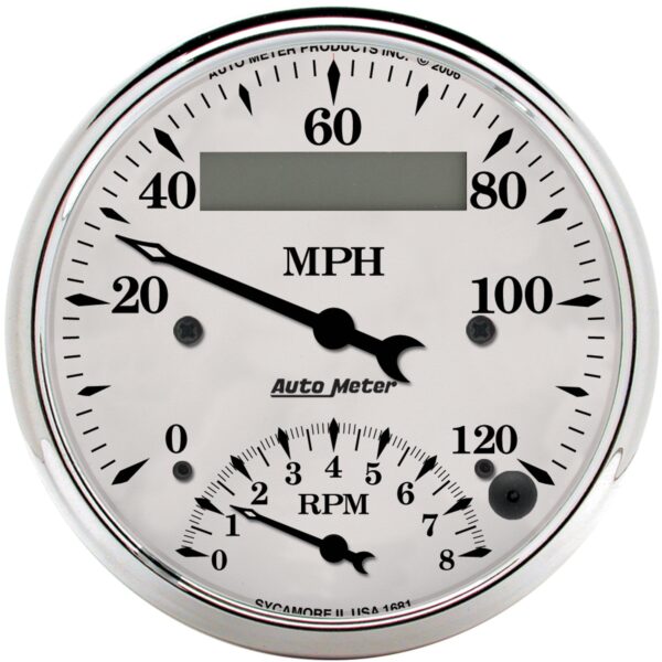 AUTOMETER Tacho/Speedo Gauge 3 3/8", 120MPH & 8K RPM, Elec. Program., Old Tyme White