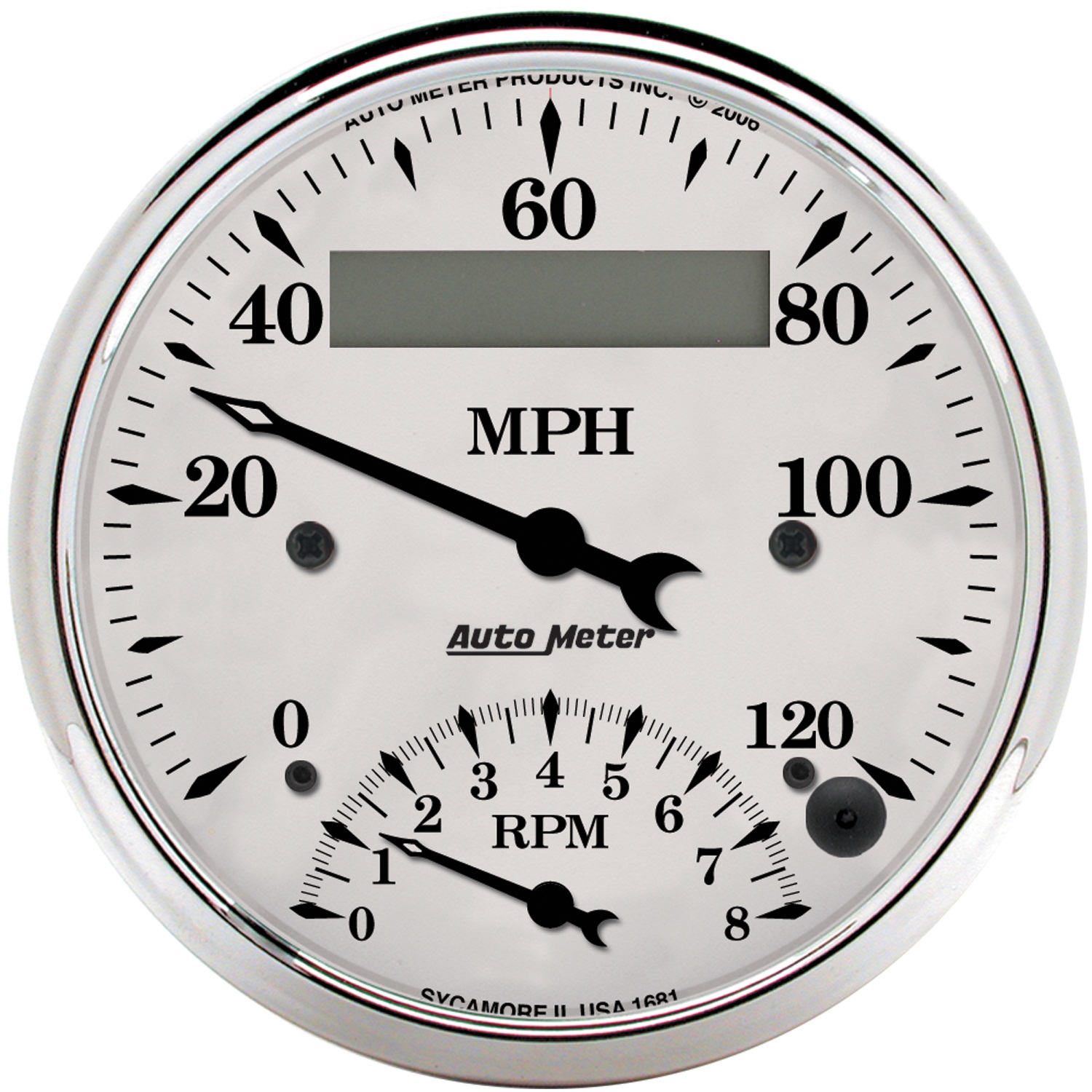 AUTOMETER Tacho/Speedo Gauge 3 3/8", 120MPH & 8K RPM, Elec. Program., Old Tyme White