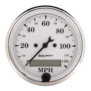 AUTOMETER Gauge, Speedo., 3 1/8", 120MPH, Elec. Prog. W/ LCD Odo, Old Tyme White
