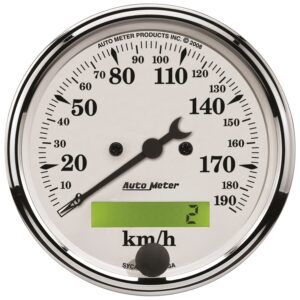 AUTOMETER Speedometer Gauge 3 1/8", 190KMH, Elec. Prog. W/ LCD Odo, Old Tyme White