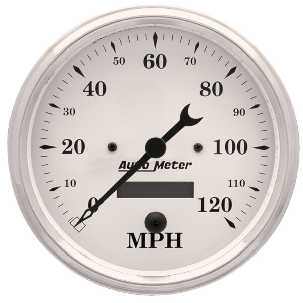 AUTOMETER Gauge, Speedo., 5", 120MPH, Elec. Prog. W/ LCD Odo, Old Tyme White