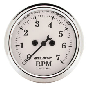 AutoMeter 1694 Old Tyme White 2-1/16 inch 7000 RPM electric tachometer with chrome bezel and white dial face