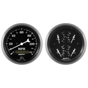 AUTOMETER 2pc Gauge Kit Quad & Speedometer, 3 3/8", Old Tyme Black