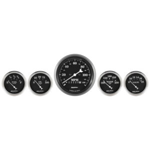 AUTOMETER 5pc Gauge Kit 3 3/8" & 2 1/16", Elec. Speedometer, Old Tyme Black