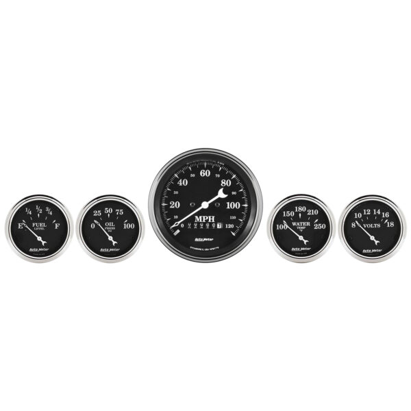 AUTOMETER 5pc Gauge Kit 3 3/8" & 2 1/16", Elec. Speedometer, Old Tyme Black