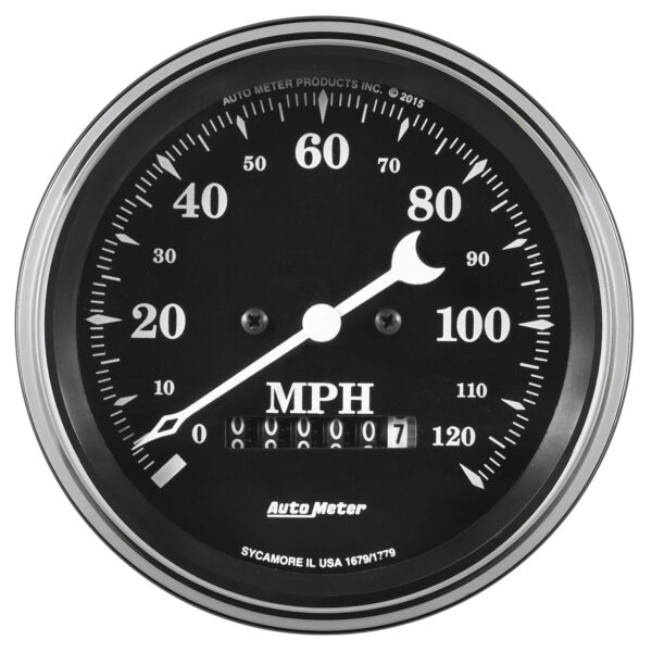 AUTOMETER Gauge, Speedo., 3 3/8", 120MPH, Elec. Prog. W/ Wheel Odo, Old Tyme Black