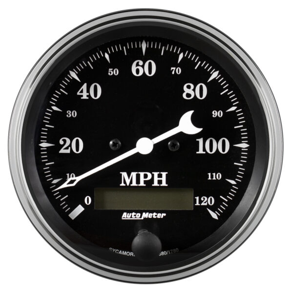 AUTOMETER Gauge, Speedo., 3 3/8", 120MPH, Elec. Prog. W/ LCD Odo, Old Tyme Black