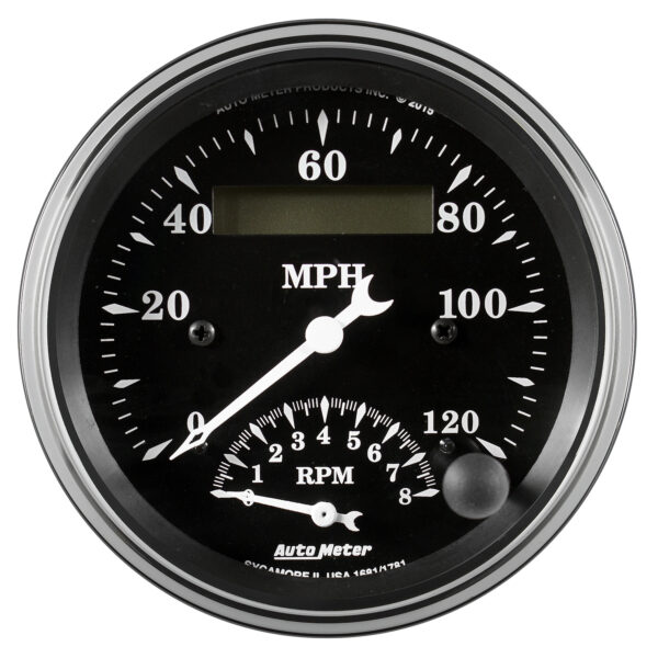 AUTOMETER Tacho/Speedo Gauge 3 3/8", 120MPH & 8K RPM, Elec. Program., Old Tyme Black