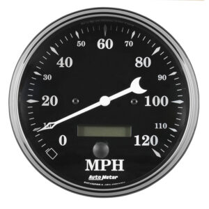 AUTOMETER Gauge, Speedo., 5", 120MPH, Elec. Prog. W/ LCD Odo, Old Tyme Black