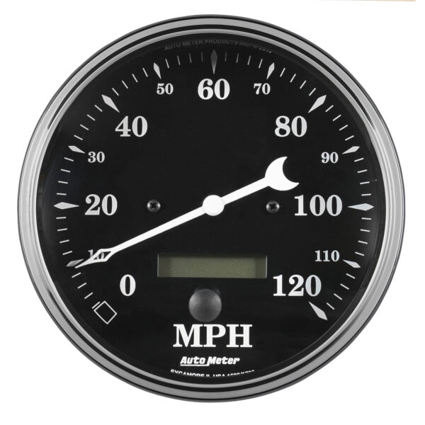 AUTOMETER Gauge, Speedo., 5", 120MPH, Elec. Prog. W/ LCD Odo, Old Tyme Black